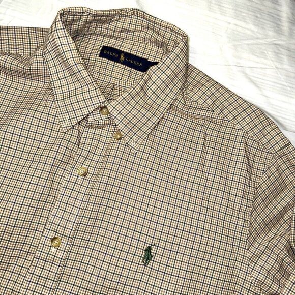 Polo Ralph Lauren Tan Green Purple Checkered Classic Dress Shirt Mens Size XL - Picture 1 of 7